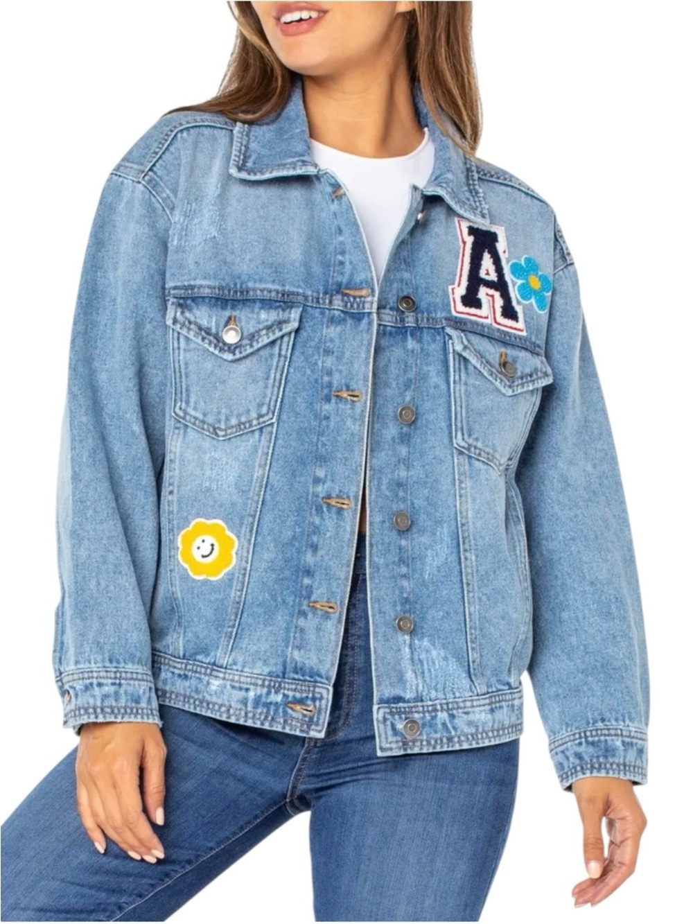 Celebrity Pink Varsity Patch Denim Jacket NWT Y2K Smiley Flower Light Wash Small